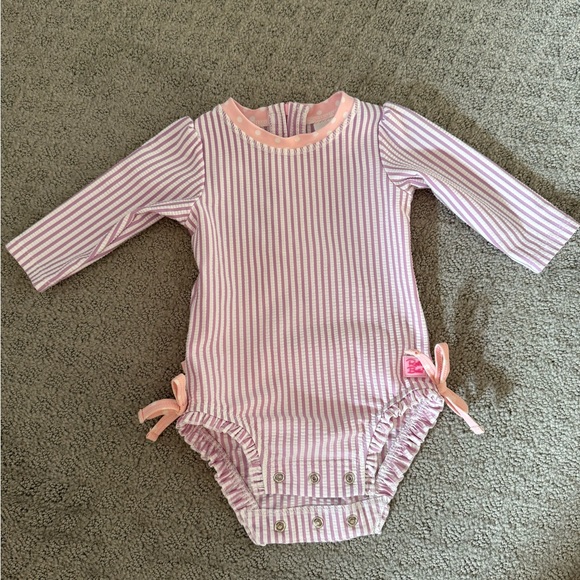Ruffle Butts Other - Ruffle Butts Purple and White Striped Swimsuit with Bow Details